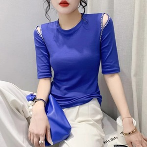 Camiseta ajustada de media manga de buena calidad para mujer, camiseta ajustada Sexy con diamantes, cuello redondo de algodón elástico de estilo femenino - Product Image 5