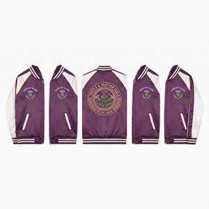 Blouson Bomber en Satin Brodé Motif Thistle Écossais, Couleur Crème Prune, Veste Universitaire à Fermeture Éclair Frontale, Vêtement d'extérieur, Vente en Gros Direct Usine - Product Image 1