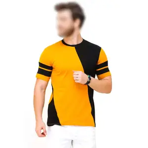 黑色和黄色对比色快干100% 棉最新短袖定制印花t恤