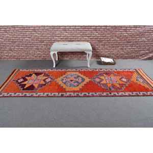 3.2x9.6 ft Rug, Vintage Turkish <b>Runner</b> Rug, <b>Red</b> Herki Wool Rug - Product Image 3