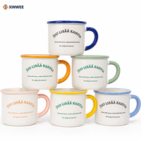 Mug en céramique personnalisé avec bord et anse colorés, style émail rétro, tasse imprimée pour cadeaux, vente au détail et vente en gros sous marque privée