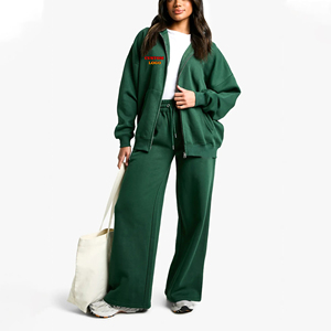 Haute qualité 100% coton personnalisé bouffée imprimé Logo surdimensionné fermeture éclair complète à capuche et pantalon évasé décontracté deux pièces ensemble pour femmes - Product Image 1
