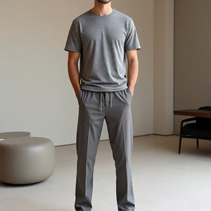 Camiseta para correr para hombre, conjunto de dos piezas, 100% de algodón, ropa para correr, camiseta, chándal, camiseta de verano con cuello redondo, pantalón con cordón - Product Image 2