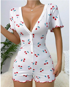 Mono de verano personalizado para mujer, pijama de una pieza, mono sexy para mujer, mono con estampado de cerezas, ropa de dormir para mujer - Product Image 1