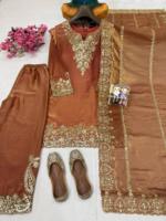 Ensemble Kurti et pantalon 3 pièces de créateur en soie Vatikan avec broderie de sequins, vêtements ethniques de boutique, tailles plus, costumes prêts-à-porter