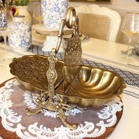 Plat de service isotherme pliant en laiton doré antique à double coque, style Art Déco, pour biscuits et aliments chauds