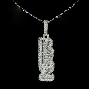 Pendentif de luxe pour homme en argent sterling fait main, serti de moissanite et de diamants, lettre REZ personnalisée, style baguette, hip-hop, entièrement pavé - Product Image 1