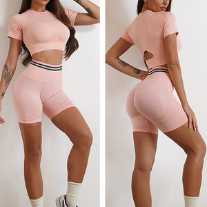 Conjunto de Yoga para gimnasio de 2 piezas para mujer, sujetador sin costuras y mallas cortas por encima de la rodilla, pantalones cortos de Yoga con patrón sólido para entrenamientos - Product Image 3