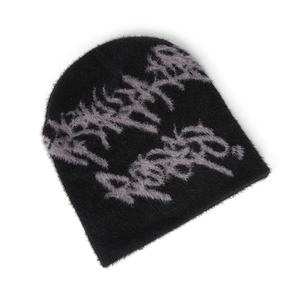 OEM Bonnet personnalisé en tricot de mohair à fourrure douce sur toute la surface imprimé graphique Jacquard Bonnets pelucheux personnalisés pour hommes et femmes - Product Image 3