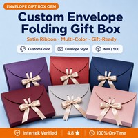 Boîte cadeau en papier de qualité supérieure avec logo personnalisé, enveloppe en papier, boîte cadeau pliante en une seule pièce, couleur unie, ruban de soie rouge, plateau pliant pour fête