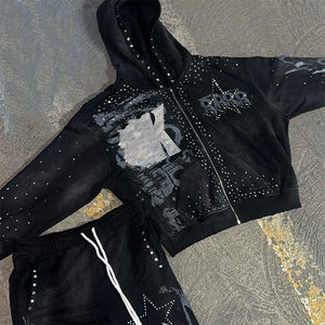Ensemble de survêtement streetwear personnalisé avec strass, effet délavé à l'acide, coupe ample, fermeture éclair, pantalon de survêtement évasé et sweat-shirts à appliques - Product Image 5