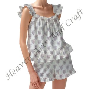 Conjunto de pijama corto de mano de algodón con estampado Floral para mujer, Conjunto de pijama ajustado con tiras y volantes, mangas - Product Image 3