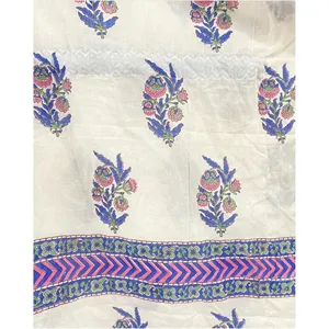 Bata de algodón Sanganeri azul floral para mujer con estampado de bloques blancos dibujados a mano, cuello en V y ribete en contraste, 1 pieza - Product Image 5