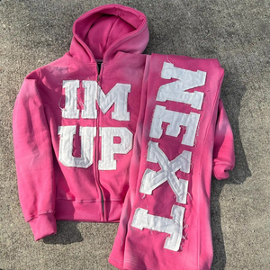 Chándales de peso pesado Grueso desgastado Vintage Bordado Parche Hombres Lavado ácido Zip up Rhinestone Sudadera con capucha y pantalón de sudor Conjunto - Product Image 1