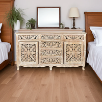 Buffet rustique en teck massif sculpté à la main, écologique, durable, design floral, sablé, meuble vintage pour chambre à coucher