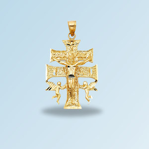 Pendentif Croix de Caravaca en Or Jaune 14 carats Plaqué Or avec Zircon pour Enfants, Double Croix avec Anges, Icône Religieuse Chrétienne - Product Image 6