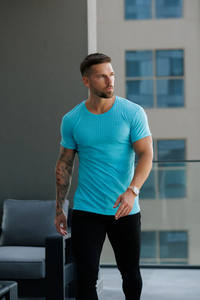 Nuevo diseño clásico menta acanalado punto Super Slim cuello redondo hombres camisetas transpirable personalizado algodón gimnasio ropa activa camiseta para hombres - Product Image 4