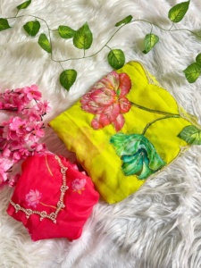 Dernière belle tenue Pure Soft Teby Silk Saree Blouse avec des impressions numériques fleur et coupe à la main Dana Moti travail exportateur indien - Product Image 6