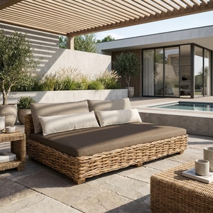 Natural Chunky <b>Rattan</b> <b>Outdoor</b> Double Daybed Brown Mattress Cream Lumbar Bolster Pillows Setup Decor Pure Art Room Design - Product Image 2