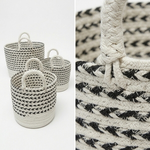 Hand Woven Recycled Plastic <b>Rope</b> <b>Storage</b> <b>Basket</b> Set Black White Arrow Stripe Arch Handle Pot Planter Setup Decor Pure Art Design - Product Image 2