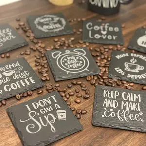 Factory Price 4 Inch Black Slate Stone Coasters With Anti-Scratch Bottom For Drink Coffee Bar Kitchen Home Decor Logo Engraving