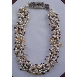 Diamond Bead <b>Necklace</b> with Pearlamethyst <b>Citrine</b> & Garnet Rose Gold Stylish Christian Religious Wedding Accessory - Product Image 1