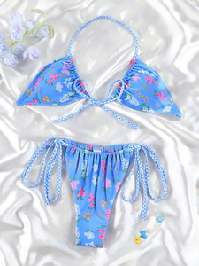 여성 패션 타이 사이드 트라이앵글 스트링 비키니 세트 섹시한 여성용 홀터 수영복 비치웨어 수영복 - Product Image 3