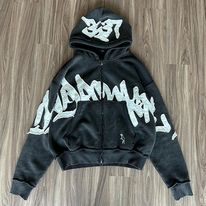 Sudadera con capucha personalizada para hombre, Sudadera con capucha cortada y cosida, lavado ácido, apliques de gran tamaño, Patchwork, Boxy Fit, Sudadera con capucha desgastada para hombre - Product Image 4