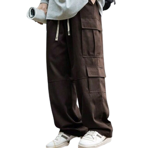 Pantalones marrones para hombre, pantalones Cargo de gran tamaño lavados con bolsillos utilitarios, cordón en la cintura, tela de sarga pesada, diseño de moda callejera - Product Image 1