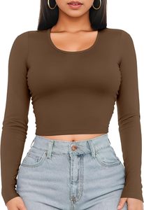 Top corto de punto suave y ligero para mujer con manga larga cuello redondo ajustado capa Base informal para entrenamiento Sexy Going Tops - Product Image 3