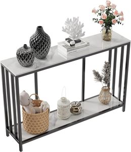 2 Tier Black Color Metal Console <b>Table</b> with <b>Marble</b> <b>Top</b> Sleek Design for Entryway Living Room or Hallway Deco - Product Image 1