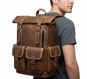 Heritage Trail Vintage Genuine <b>Leather</b> Roll-Top Rucksack | Large Capacity Multi-Pocket Travel & Laptop <b>Backpack</b> - Product Image 6
