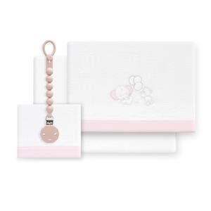 Lot de 3 draps de lit en polaire corail avec porte-sucette, modèle OSO ELEFANTE, motif tissé à l'effigie d'un éléphant - Product Image 1