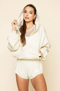 Sudadera Corta Informal de Invierno para Mujer, con Cierre, de Felpa, Algodón, Hombros Caídos, Color Marfil, Personalizable - Product Image 2