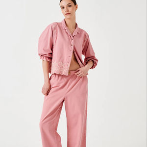 Ensemble coordonné décontracté pour femmes en tissu tissé 100% coton, hauts courts brodés et bas amples, couleur unie - Product Image 1