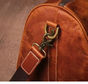 Sac de voyage pliable en cuir véritable, fermeture éclair, durable, marron, avec poignée cousue main - Product Image 4