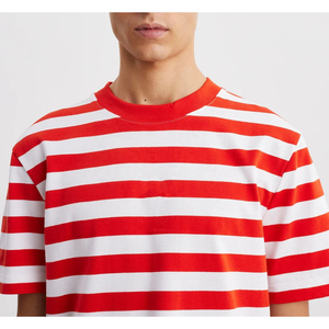 เสื้อยืดคอกลมแขนสั้นลายทางสีแดงขาวสำหรับผู้ชาย ผ้าฝ้าย ทรงปกติ สไตล์ลำลอง Trackstar OEM แบรนด์ส่วนตัว TSI-G05-P0153 - Product Image 3