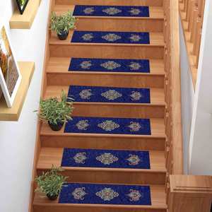 Alfombra Azul Estampada, Diseño Oushak Moderno, Decoración de Escaleras de Lujo Discreto, Goblen - Product Image 2