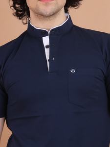 Camiseta de media manga elegante azul marino para hombre con cuello mandarín cómoda y versátil para ocasiones informales semiformales 100% algodón - Product Image 3