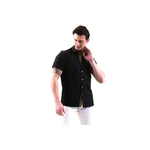 Col intérieur noir et patte de poitrine Détail nid d'abeille Chemise en coton à manches courtes coupe ajustée - Product Image 4