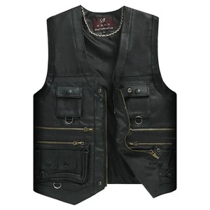 2024 Cowhide Genuine Leather Men's Thick Waterproof Motorcycle Safety Vest with <b>Stand</b> Collar Multi-Pocket - Product Image 1