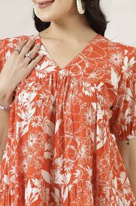 Vestido Tropical con Estampado, Corte Evase, Cuello en V, Manga Corta Abullonada, Fruncido o Plisado, Mini Vestido Evase de Algodón - Product Image 4