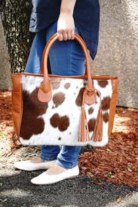 Hair Hide Genuine <b>Leather</b> Tote <b>Bag</b> Animal Print Pattern Two Shoulder Straps Open Top Design Modern <b>Soft</b> Large Capacity Women's - Product Image 3