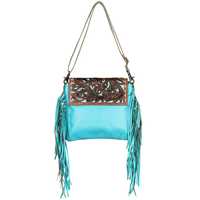 Tas Selempang Kulit Sapi Antik Gaya Barat dengan Hiasan Rumbai Turquoise, Bulu Hairon, Bordir Bulu Asli, dan Tali Pengikat yang Dapat Disesuaikan