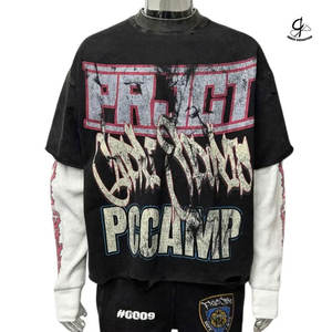 Moda 100% algodón ropa de calle Top dos capas manga camisetas con embalaje personalizado impreso camisetas de punto - Product Image 1