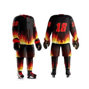 Ensemble de maillots de hockey sur glace personnalisés avec motif flamme, uniforme de jeu d'équipe sublimé, maille respirante, OEM ODM, vente en gros - Product Image 1