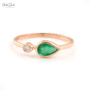 Vente en gros de bijoux en or rose massif 14 carats diamant naturel 0.41 ct émeraude verte bague de réglage de lunette à deux pierres pour fabrication de fête - Product Image 3