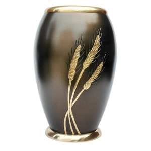 Urna de cremación para adultos de estilo americano con patrón de trigo dorado Urna de cenizas de recuerdo metálica sostenible - Product Image 1