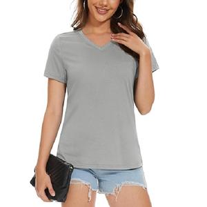 Diseño OEM personalizado 100% algodón sólido gris claro Color manga corta cuello en V de talla grande camiseta promocional de mujer de Bangladesh - Product Image 1