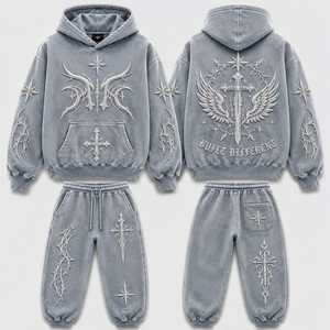 Survêtement d'hiver respirant brodé Croix Céleste, design gothique divin, style Hip Hop, polaire 2 en 1, uni, unisexe - Product Image 6